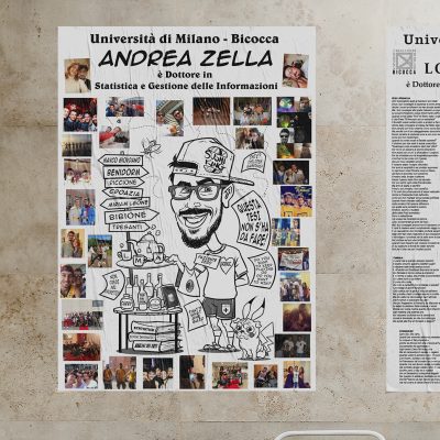 Papiro di laurea con foto e caricatura affisso a una parete