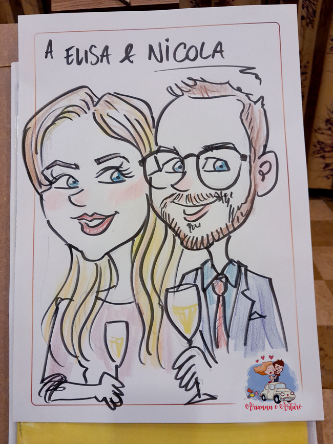 caricatura degli invitati di un matrimonio realizzata su foglio personalizzato